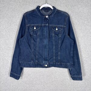Lands End Jean Jacket Large Stretch Zip Collarless Classic Minimalist Preppy